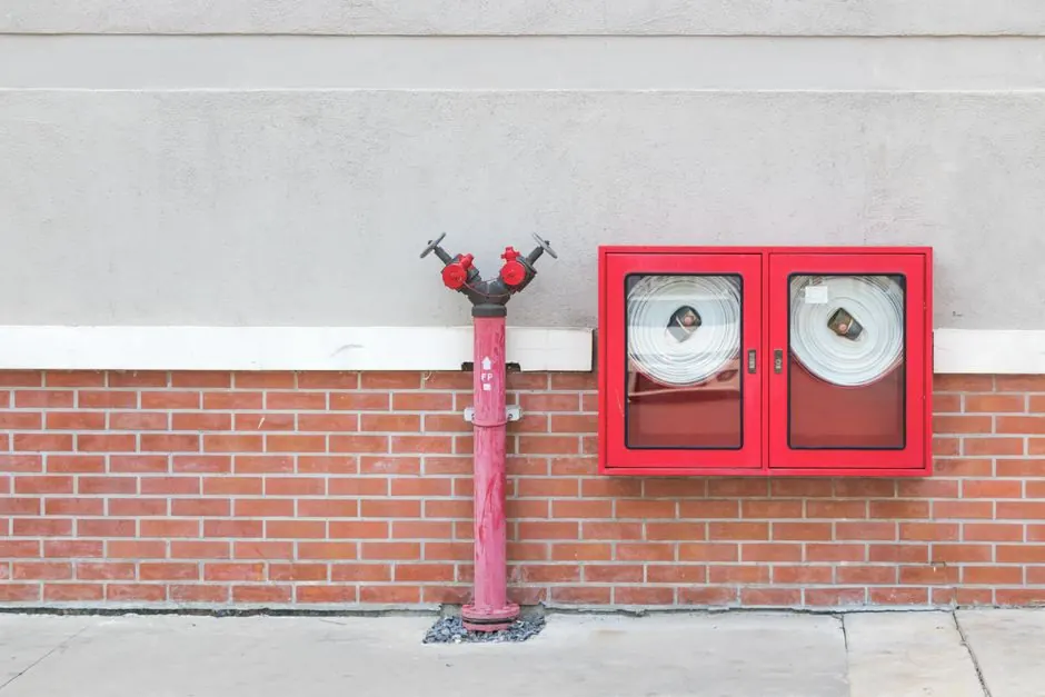 Outdoor fire hydrant and hoses against a brick wall, emphasizing fire safety.